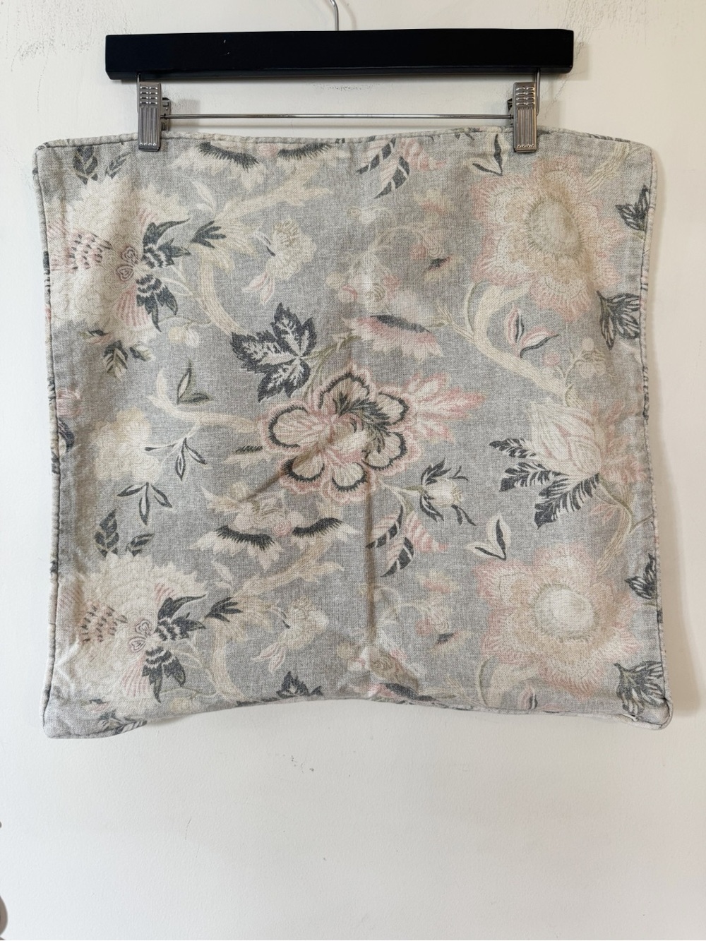 Pottery Barn Sage Green Gray and Pink Floral Cotton Linen Pillow Cover 20”